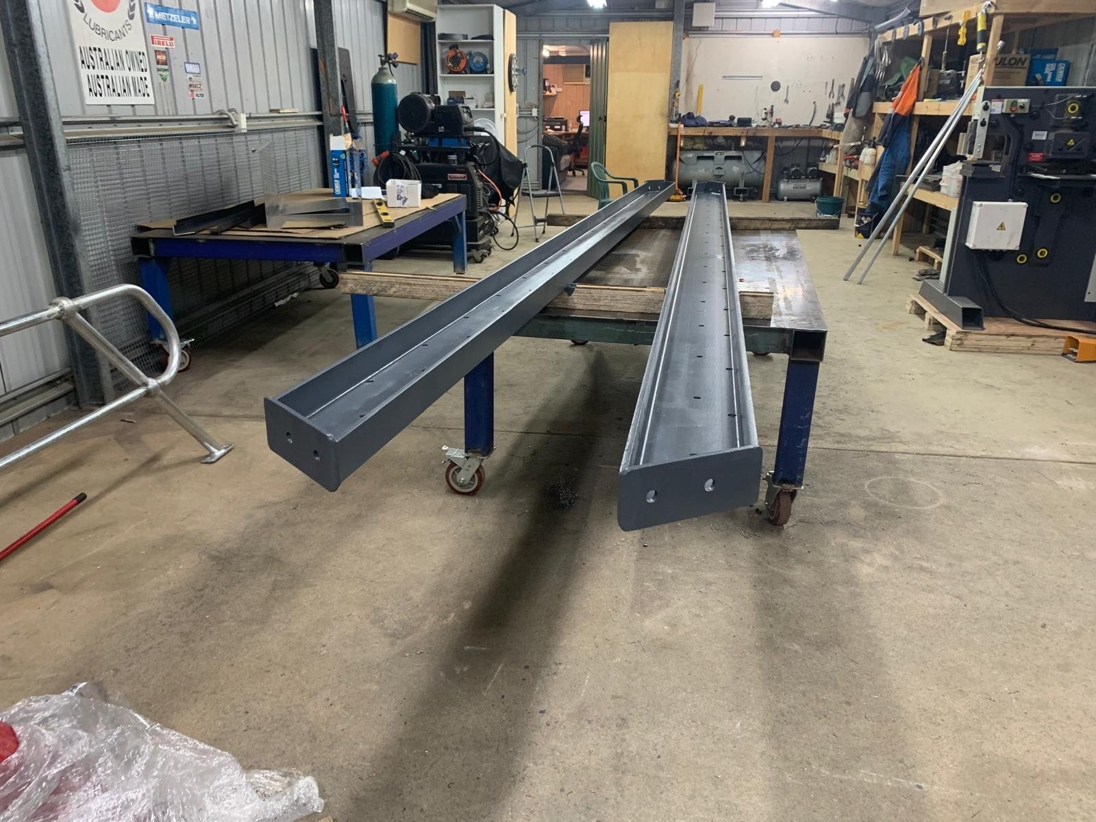 Painted steel stringers in the workshop